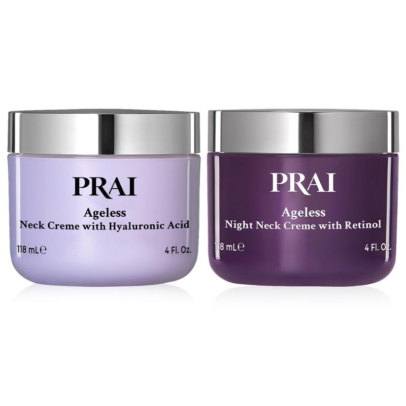 PRAI مجموعة كريم الرقبة النهاري والليلي من PRAI Beauty | 1 كريم نهاري للرقبة والصدر و1 كريم ليلي للرقبة والصدر | مجموعة كريم شد البشرة لرقبة خالية من العمر على الفور | 4.0 أونصة لكل منهما - Image 1